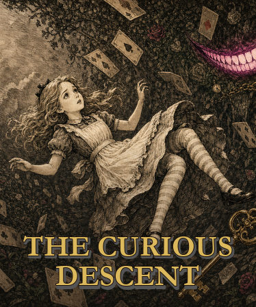 The Curious Descent key art — Alice falling among playing cards while the Cheshire Cat grins from the dark