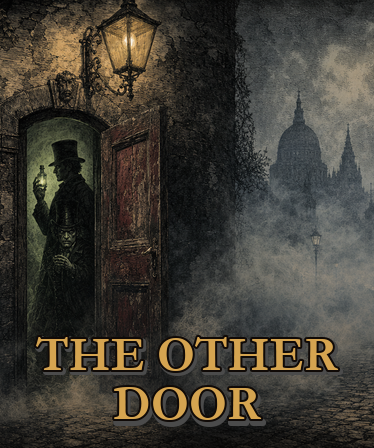 The Other Door key art — a cloaked figure raising a green phial inside a doorway under a gas lamp, London fog behind