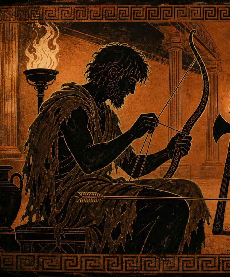 The Beggar King key art — a ragged beggar stringing a great bow before a row of twelve axes while suitors laugh