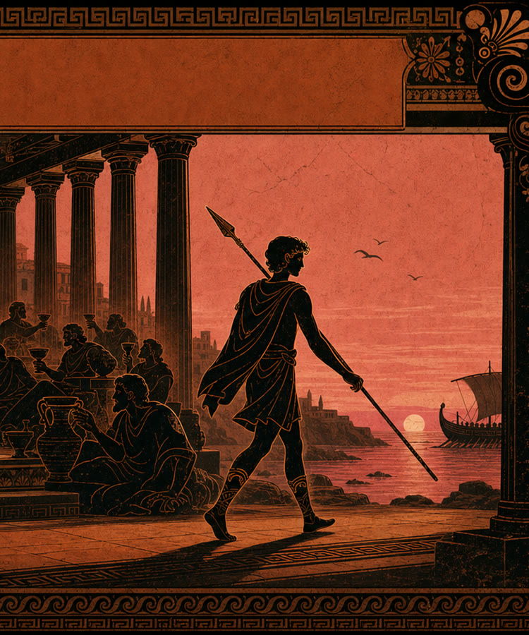The Empty Throne key art — young Telemachus walking out of a feasting hall toward the sunset sea, spear on his shoulder