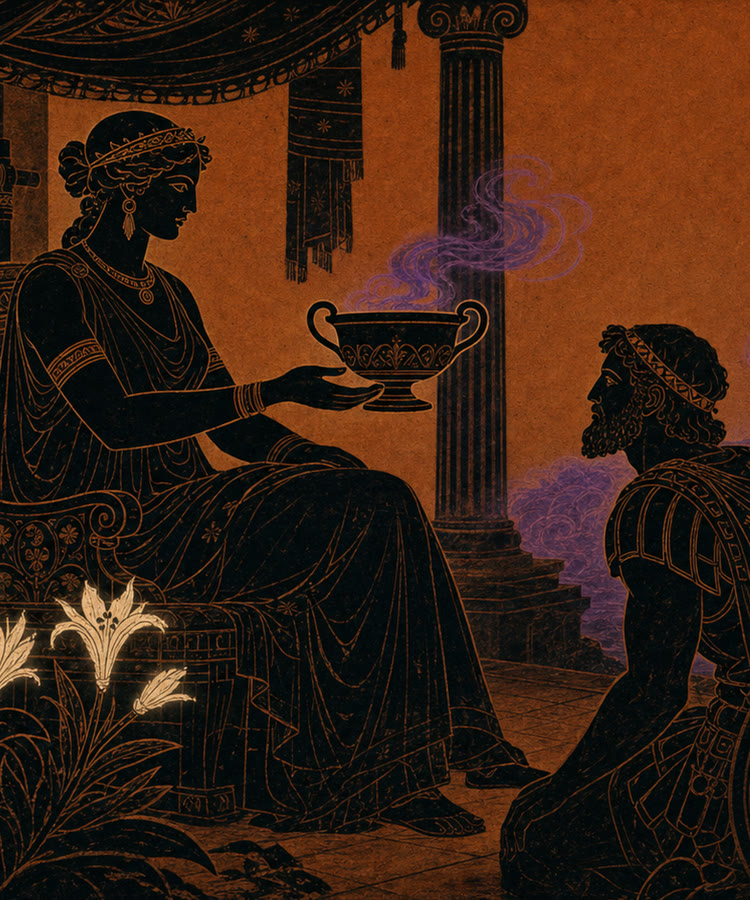 The House of Death key art — Circe enthroned, offering a smoking cup to a kneeling Odysseus
