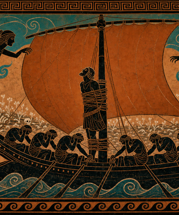 The Last Ship key art — Odysseus bound to the mast while sirens wheel overhead and skulls whiten the meadow