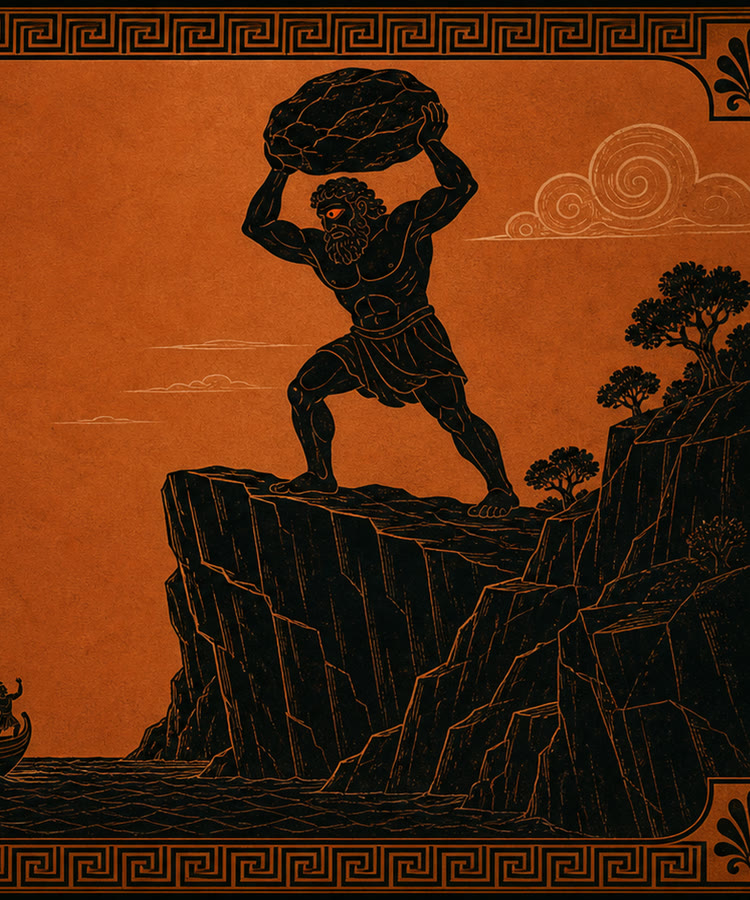 The Nobody key art — the blinded Cyclops raising a boulder over a tiny ship on the wine-dark sea