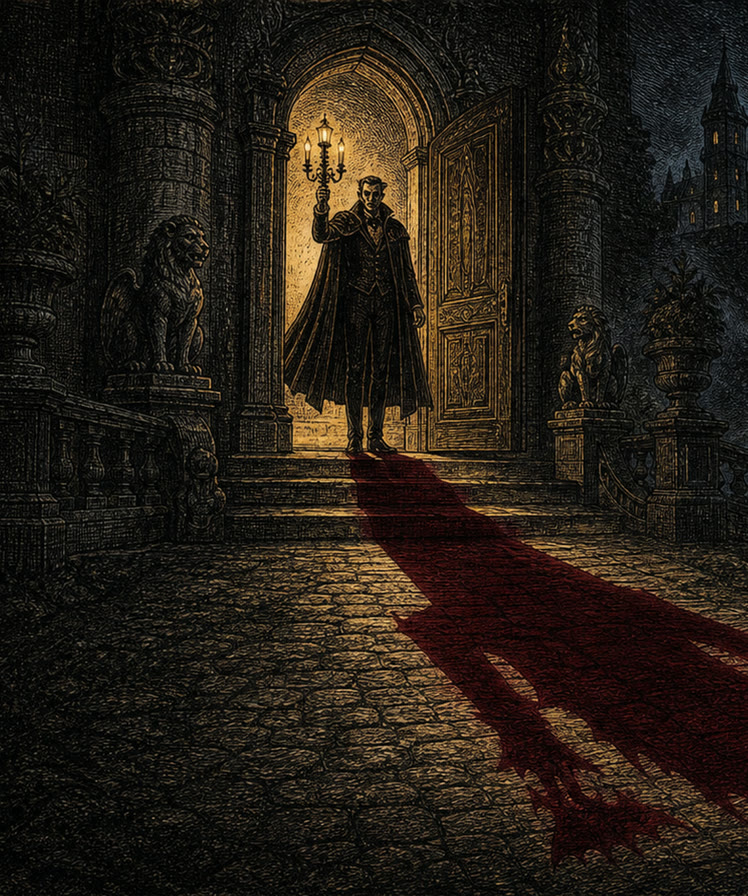 The Un-Dead key art — the Count holding a candelabra in the doorway of Castle Dracula, a dark red stain spilling down the steps